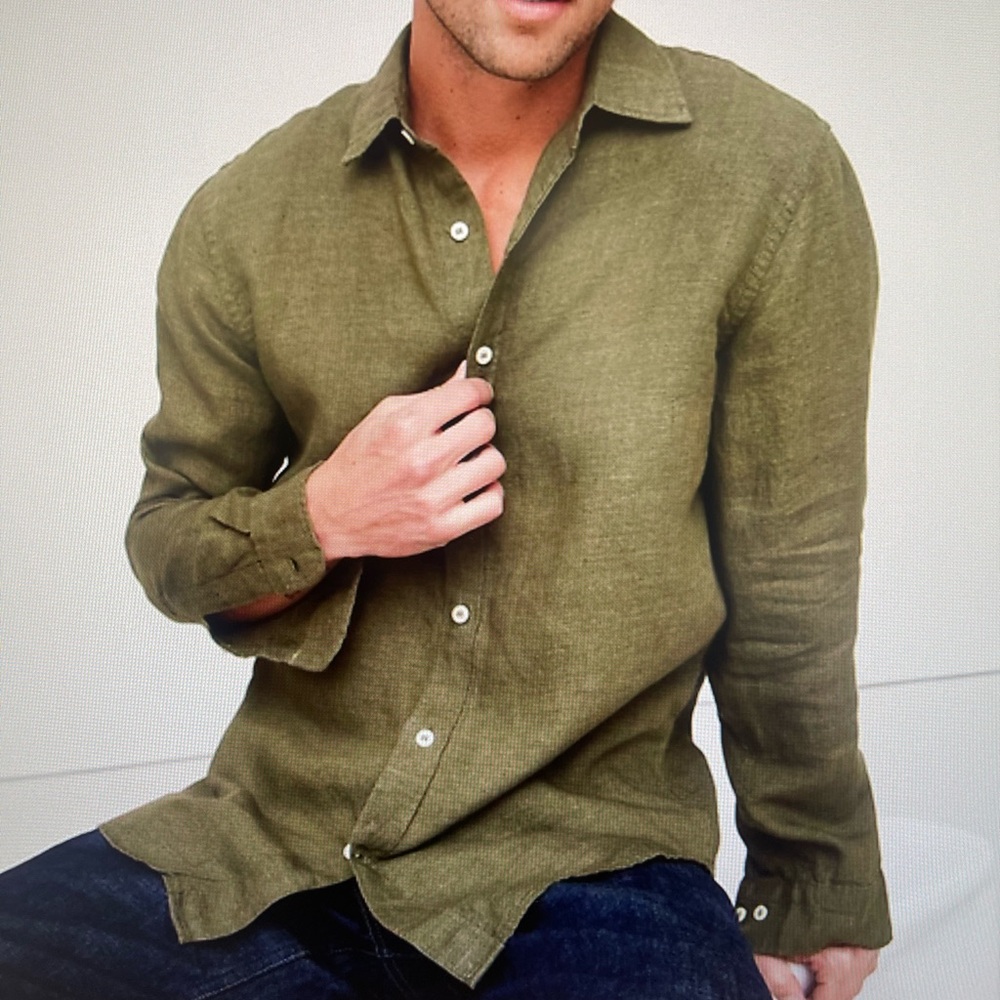 NWT Banana Republic Mens Long Sleeve Button Down Linen Shirt XL Olive Green